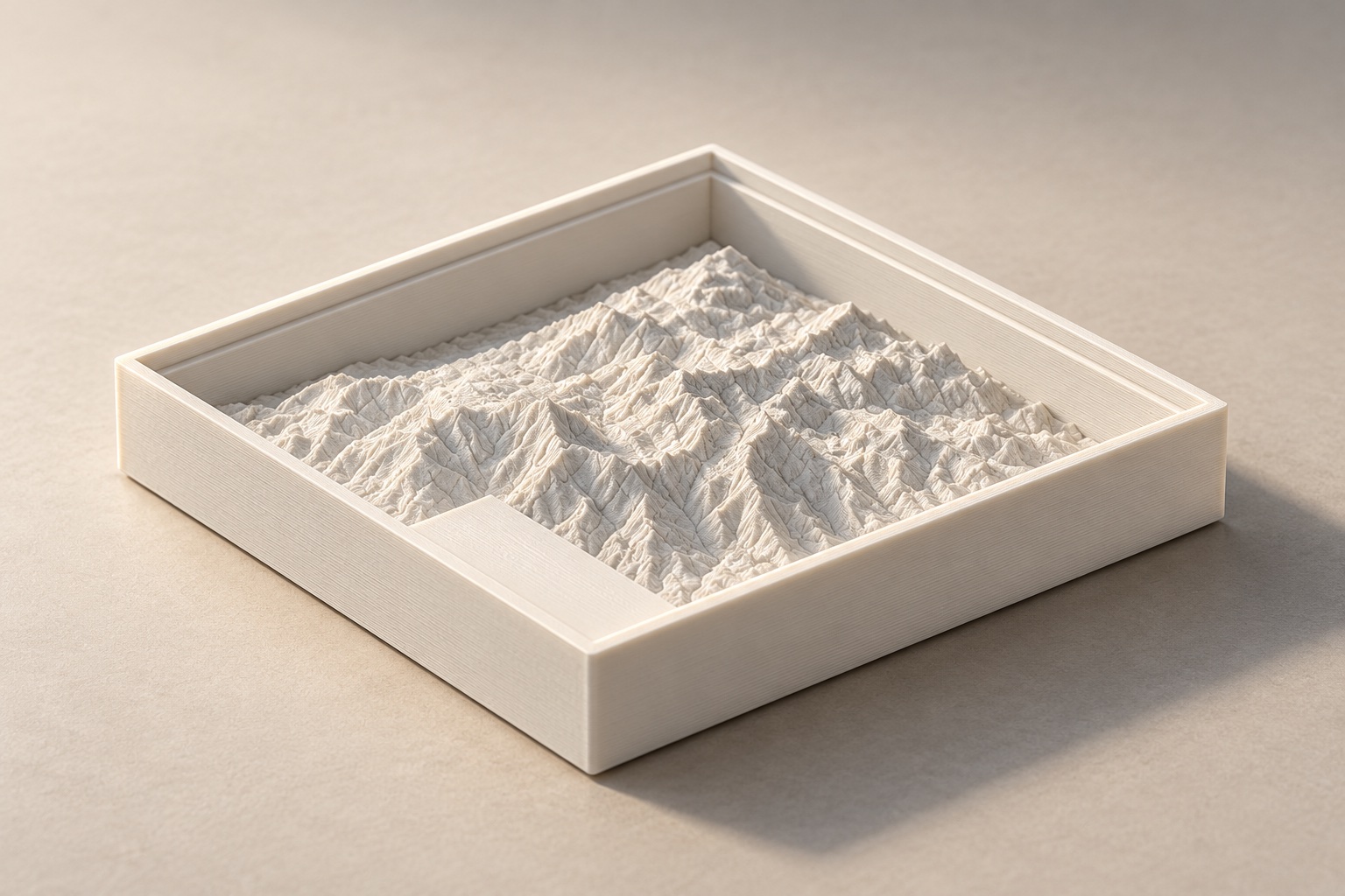 Concept rendering of a white square coaster containing a miniature mountain landscape.